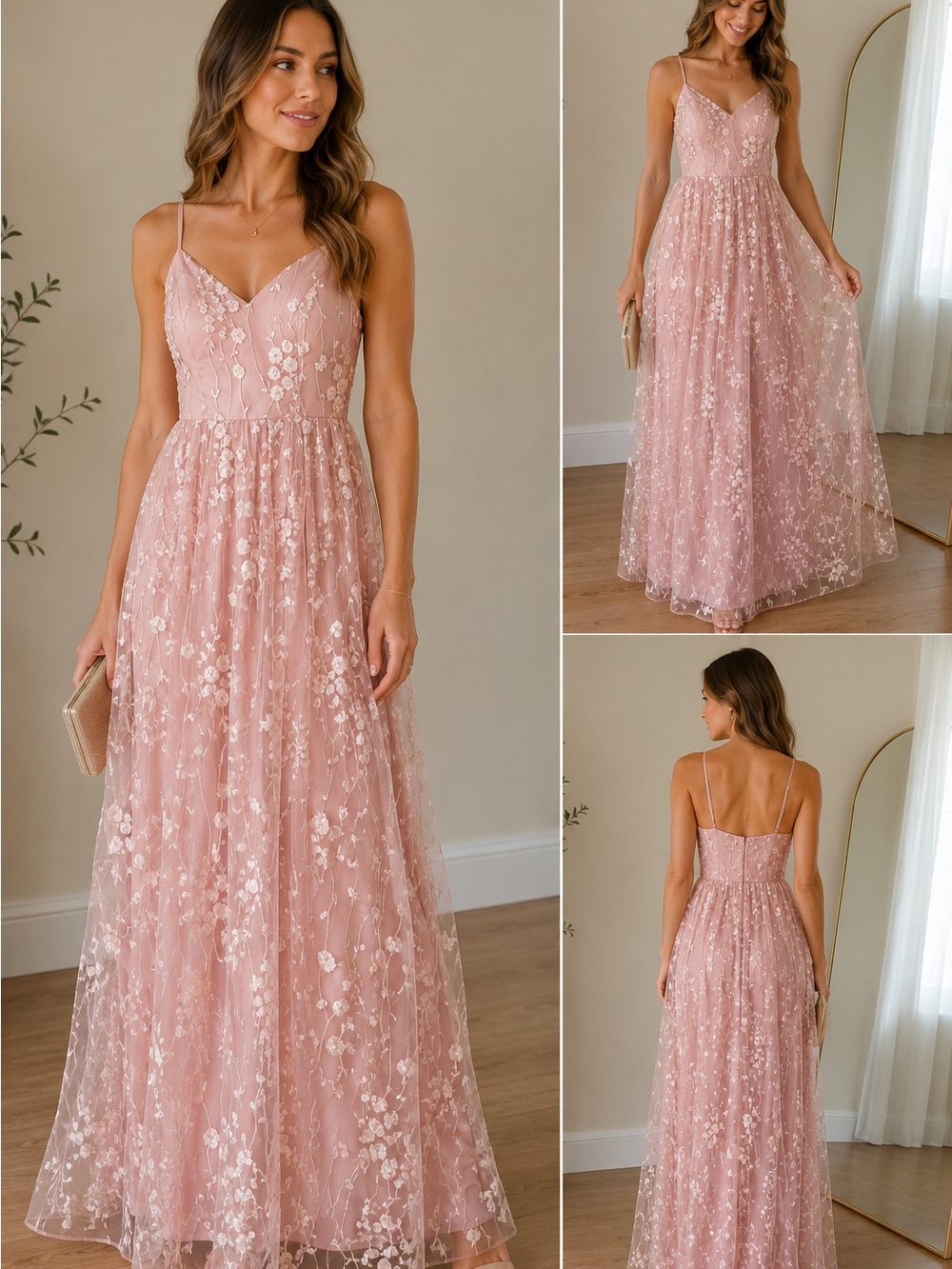 Pink Floral Embroidered Tulle Maxi Dress Size Medium